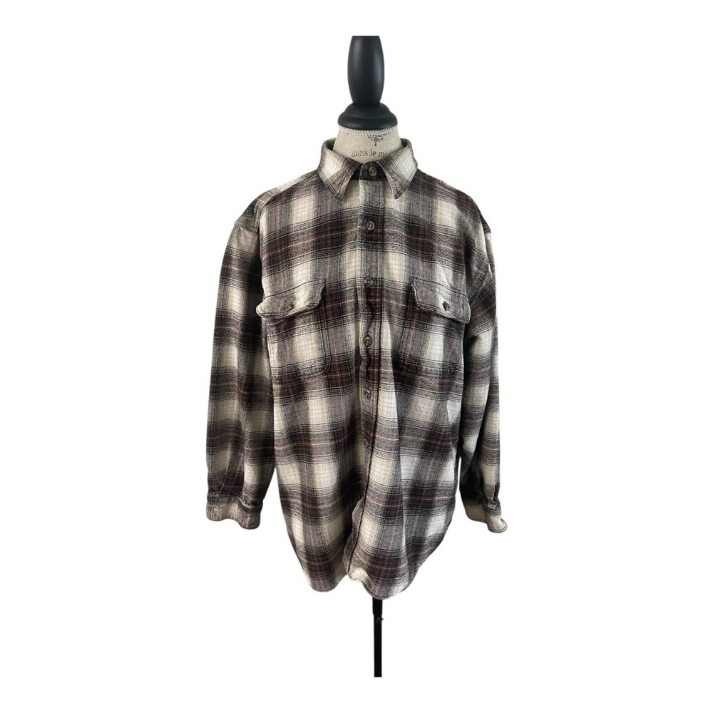 Vintage 90s Distressed Cotton Flannel Field And Stream Size Unknown Brown Plaid‎